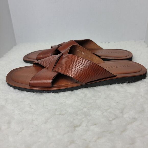 Paul Frederick Men's  Slide Sandal Size 12  Brown Leatger Crisscross Open Toe - Picture 3 of 10